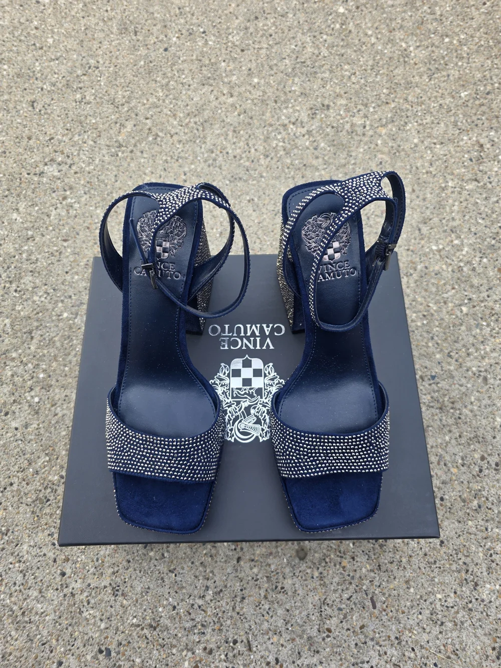 Vince Camuto Navy Embellished Block Heel Sandals Women 8.5